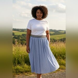 Chicwish Blue & White Pinstripe Midi Skirt with Contrast Waistband